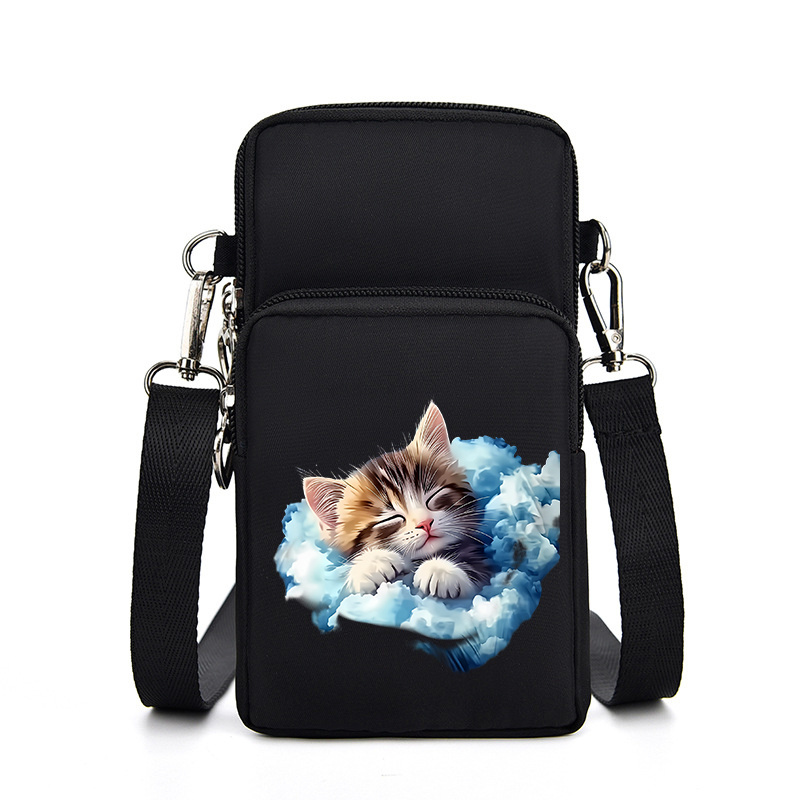 TEMU 1pc Sac Bandoulière Femme Chat & Tigré - Sac en Tissu Oxford Noir avec Bandoulière Détachable, Fermeture Éclair, Charm Cœur Rose pour Gym,