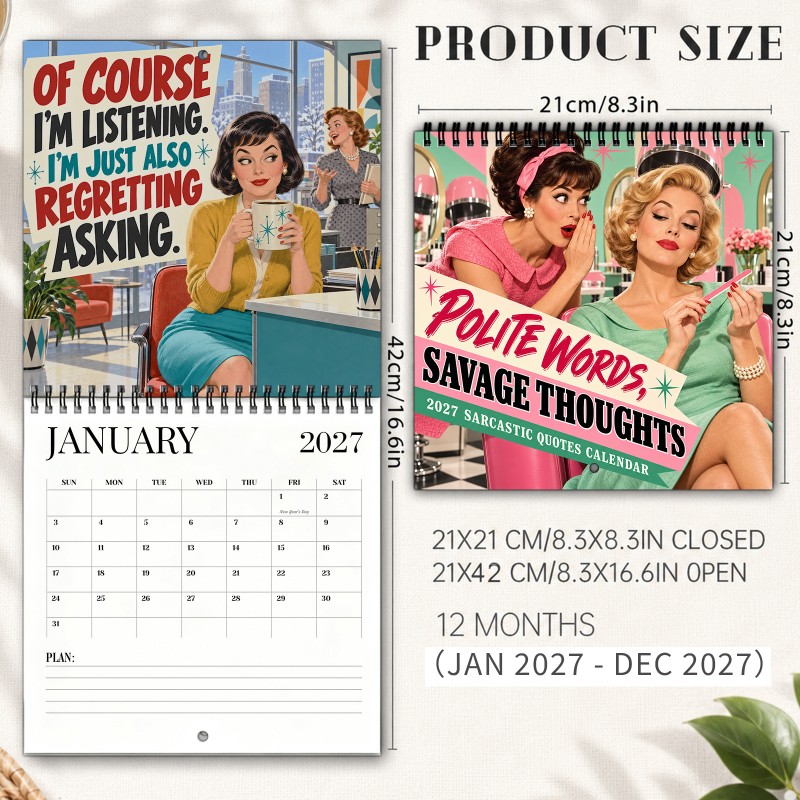 TEMU Sarcastic Quotes 2027 Wall Calendar Retro Women And Everyday Humor 12-month Spiral-bound Hanging Calendar With Writing Blocks Thick Paper &