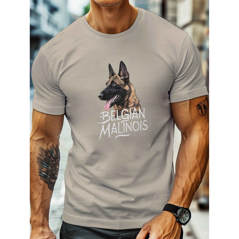 

Men's Belgian Malinois Dog Print T-shirt, Casual Crew Neck Short Sleeve Tee, 100% Polyester Knit Fabric, Stretch, Regular Fit, Summer Top - 150gsm