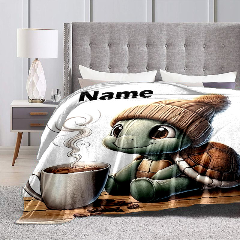 E-shop 1 Stück Personalisierte Meeresschildkröten-Decke – Weicher Flanell-Wurf mit Niedlichem Schildkröten- & Kaffee-Design, Individuelles Geschenk für