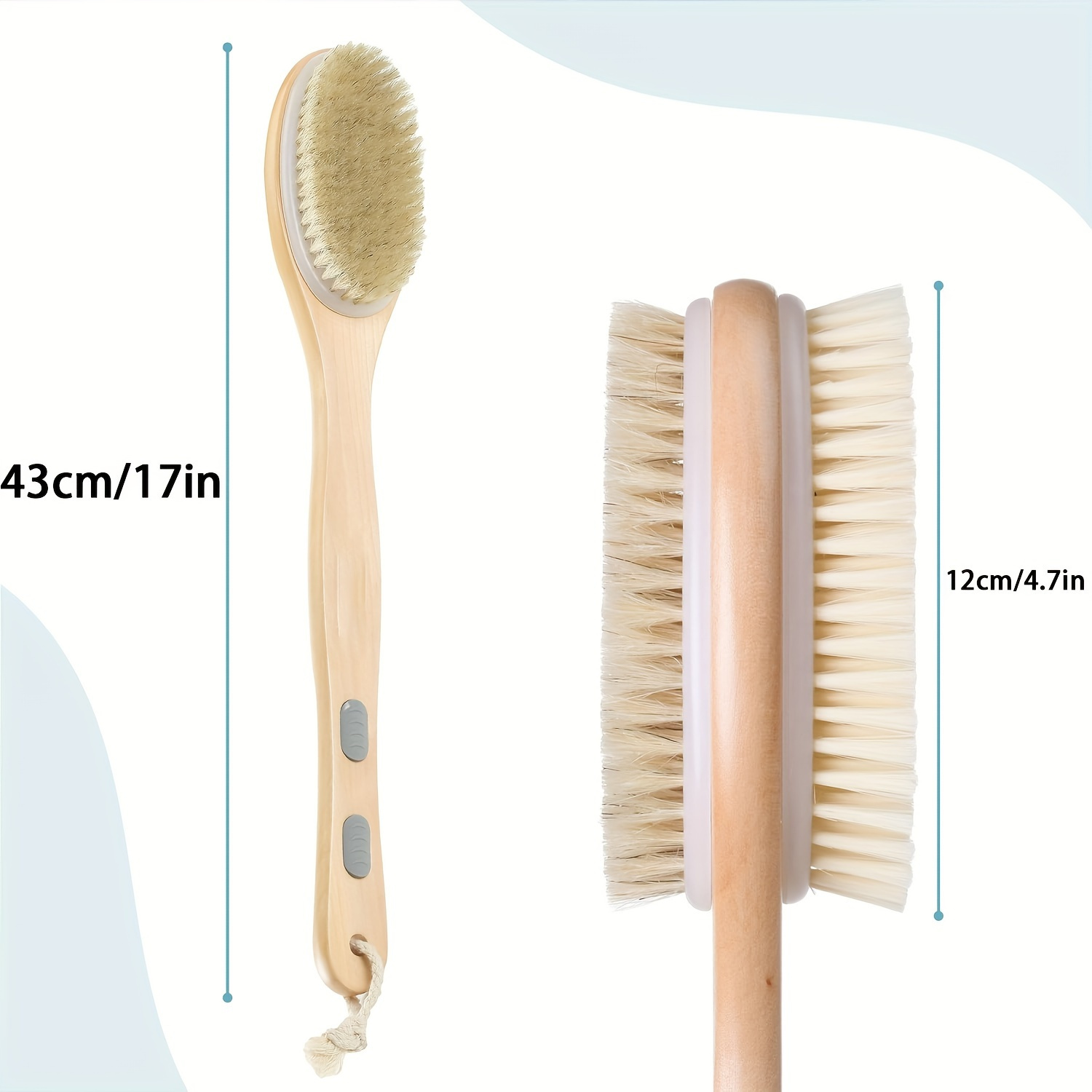 dual sided bath brush with a long handle brown bristle body scrubber removes dead skin     cleanses non absorbent suitable for lotion application no power required   in all   Product details 6