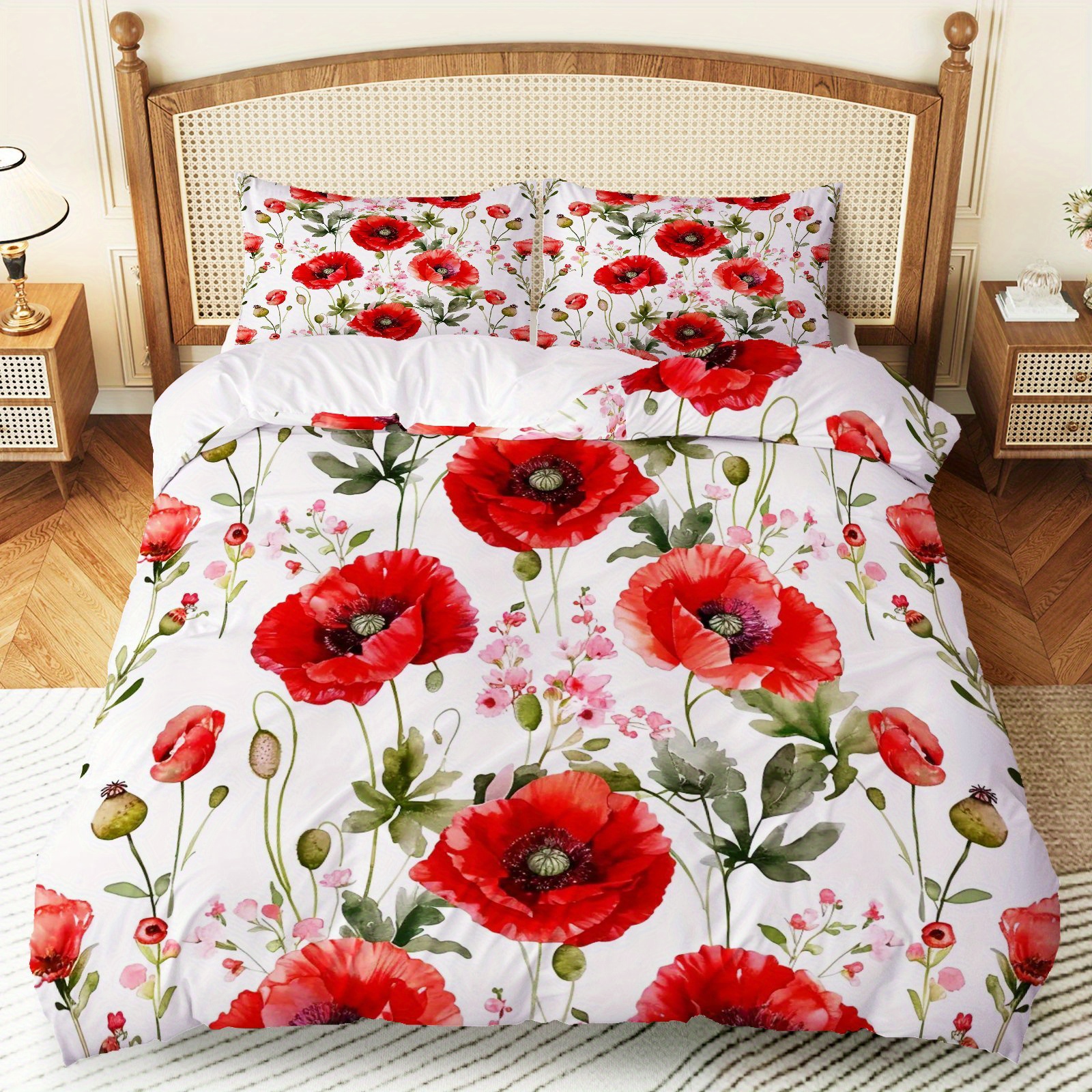 E-shop 3-tlg. Set: 1 Bettbezug + 2 Kissenbezüge, ohne Duvet-Innenkern - Blumen-Mohnstrauß-Bettwäsche für Romantische Anlässe und Frühlingsfeiern -