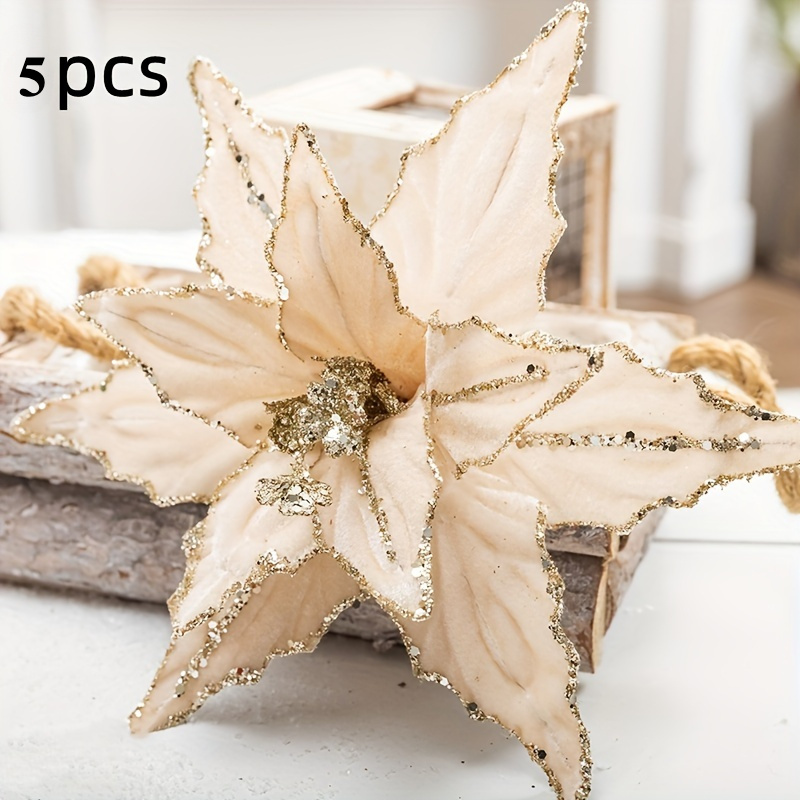 TEMU 5pcs Christmas Holiday Decorative Flowers Artificial Flowers, Shiny Sequin Velvet Christmas Flowers - 10.2 Inches, Suitable For Christmas Tree
