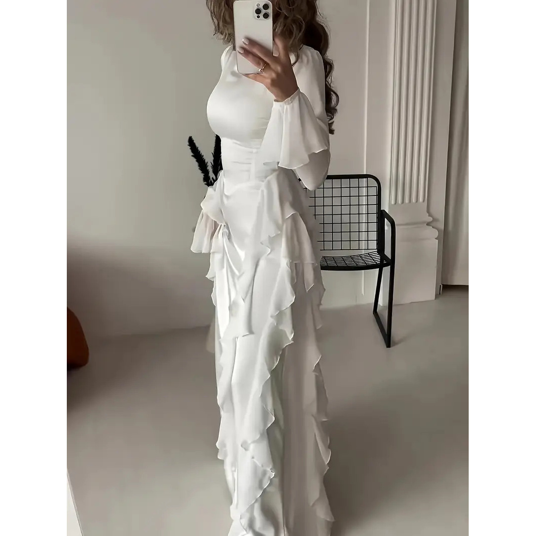 Simple Maxi Dress White Mock Neck Long Sleeve Dress PRETTYGARDEN Women's  Smocked Spring Maxi Dress Casual