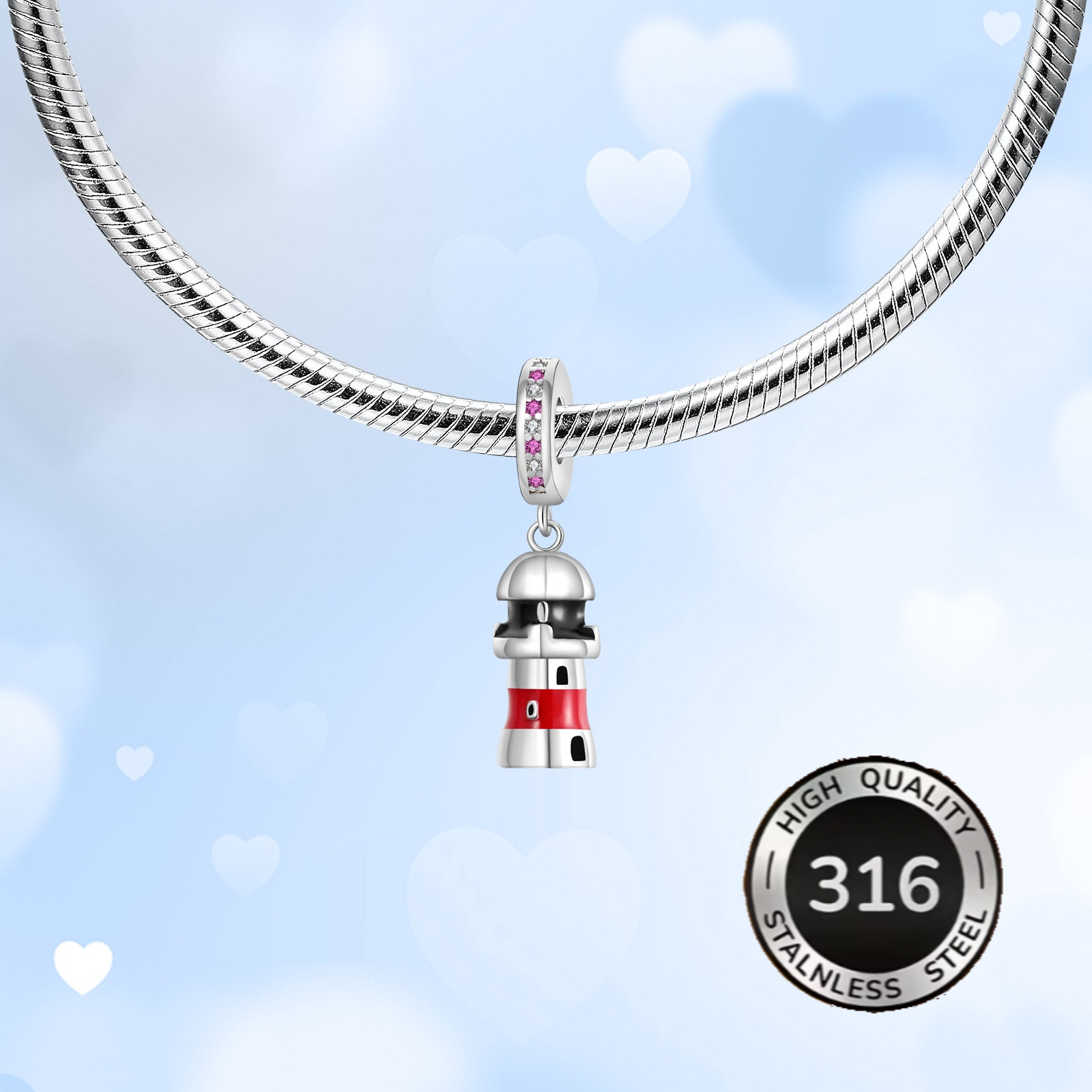 316 Stainless Steel Coastal Lighthouse Pendant Bead for DIY Jewelry