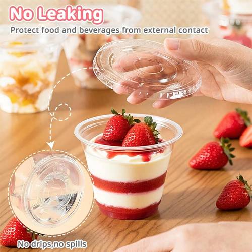 a set of 100 clear plastic dessert cups each 9oz complete with lids that have no holes suitable for ice cream cake snacks fruit cold beverages smoothies pudding and salads