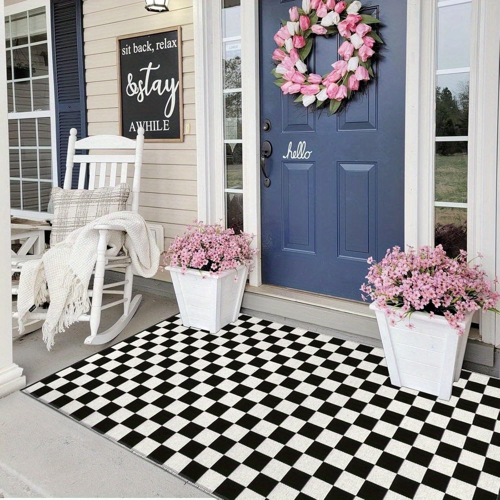TEMU Black And White Checkered Area Rug Machine Washable Indoor Outdoor Rug Checkerboard Moroccan Rug Front Porch Rug Welcome Doormat For Balcony/ Living Room/ Kitchen