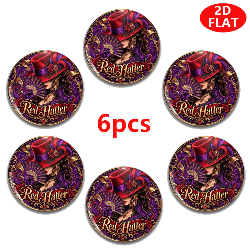 TEMU 2d Flat, "beauty In A Red Hat" Round Fan-shaped Badge(2d )- , 6pcs Set. Features Elegant Patterns; Serves As An Accessory Brooch Or Pin For
