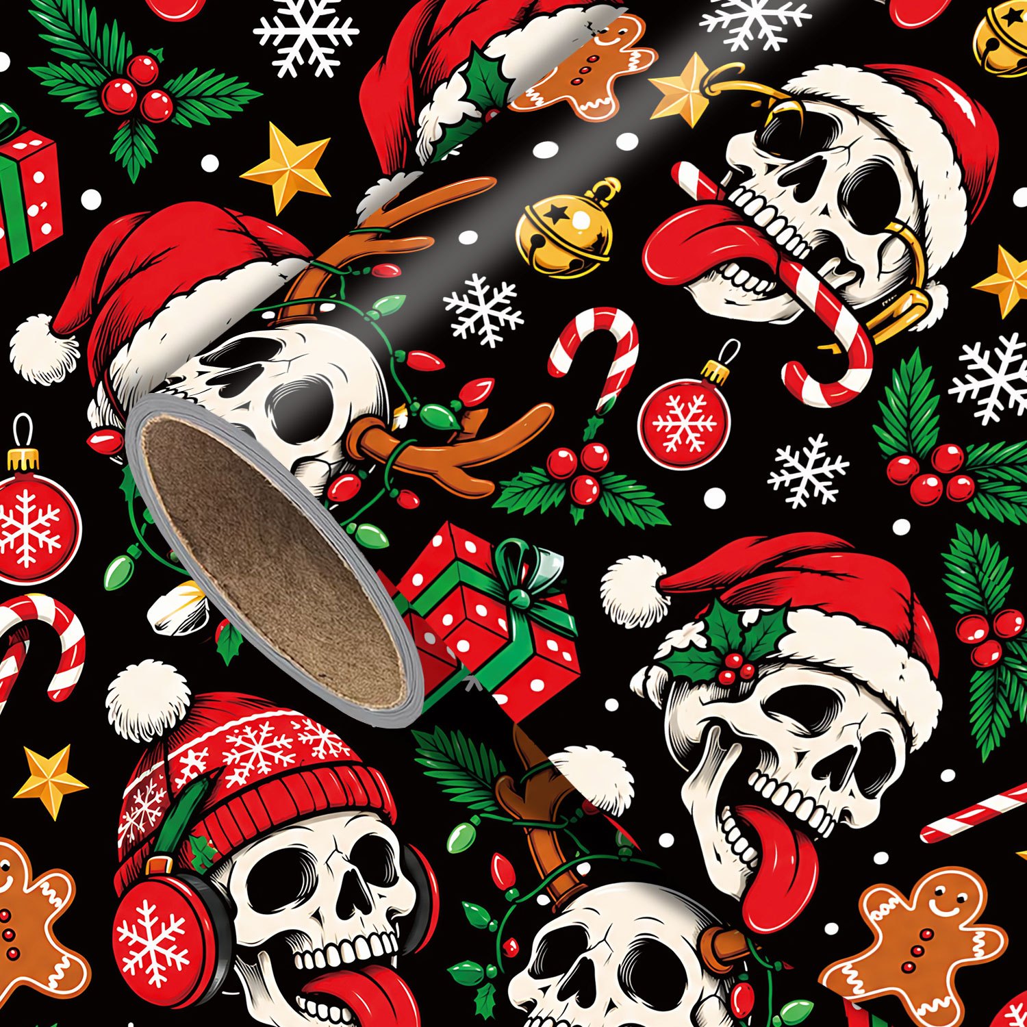 TEMU 1 Roll Christmas Christmas Wrapping Paper, Santa Hats, Gingerbread For Man, Candy Cane, Holly, Snowflake And Festive Designs, Gothic Christmas