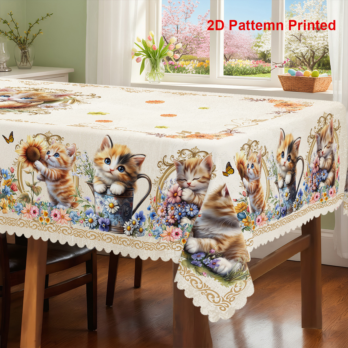 TEMU 2d Flat Printing, 1pc Cute Cat Tablecloth, Durable Polyester Tablecloth, Spring-summer Daisy Floral Print Design, Rectangular/square Tablecloth,