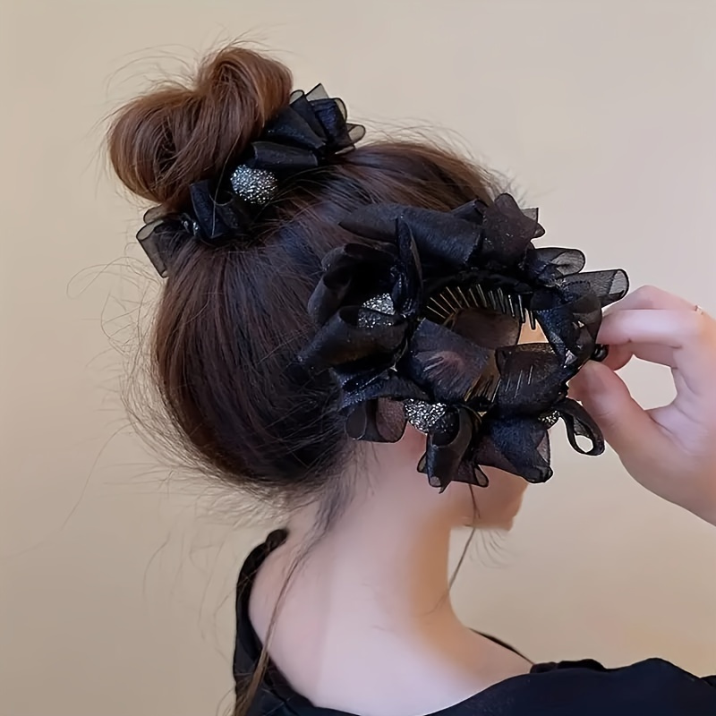 

1pc Elegant Acrylic Hair Clip, Embellished Sunflower Design With Mesh Bow, Large Hair Bun Accessory For Women, Suitable For 14+