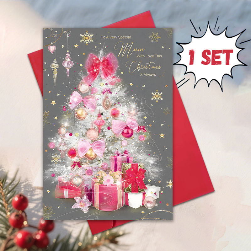 1pc to a   mum   this christmas and   christmas card pink bow decor white christmas tree gift box snowflake glitter design suitable for to give mothers christmas holiday gift