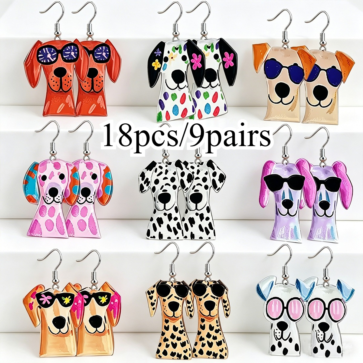 TEMU 2d Flat - 18pcs/9 Pairs 2d Flat Women's Floral Puppy Acrylic Stud Earrings Set, Multicolor Gradient Spotted Puppy Ear Jewelry, Niche Pastoral