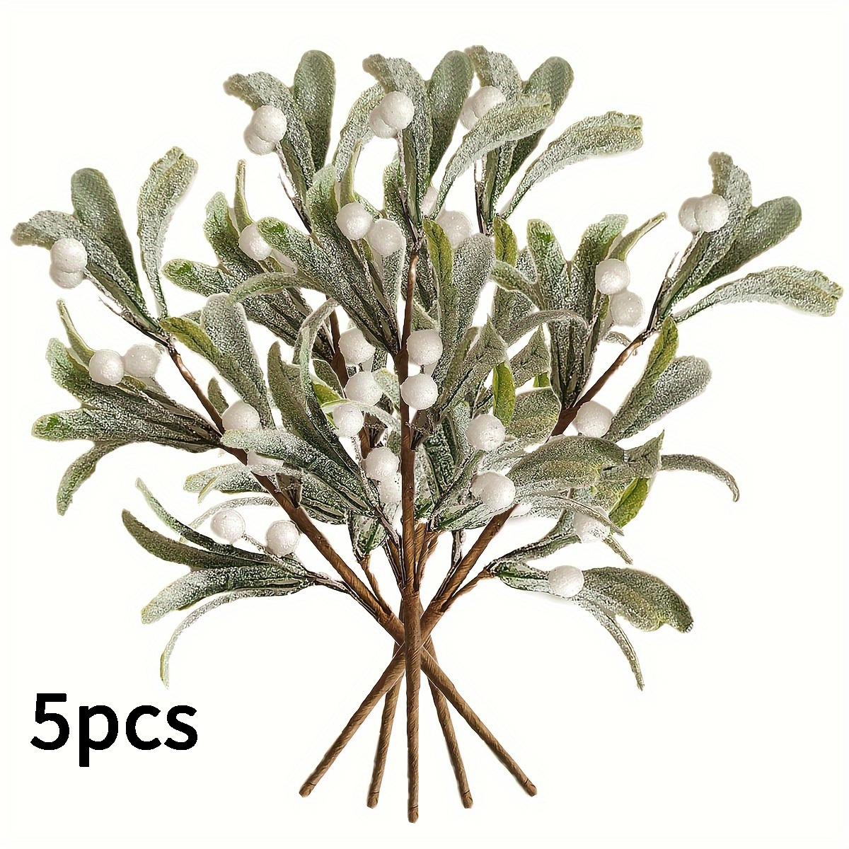 Image of Set Of 5 Artificial Frosted Picks, Featuring Branches With White Berries, Perfect For Wreaths, Holiday Parties, And Home Decoration