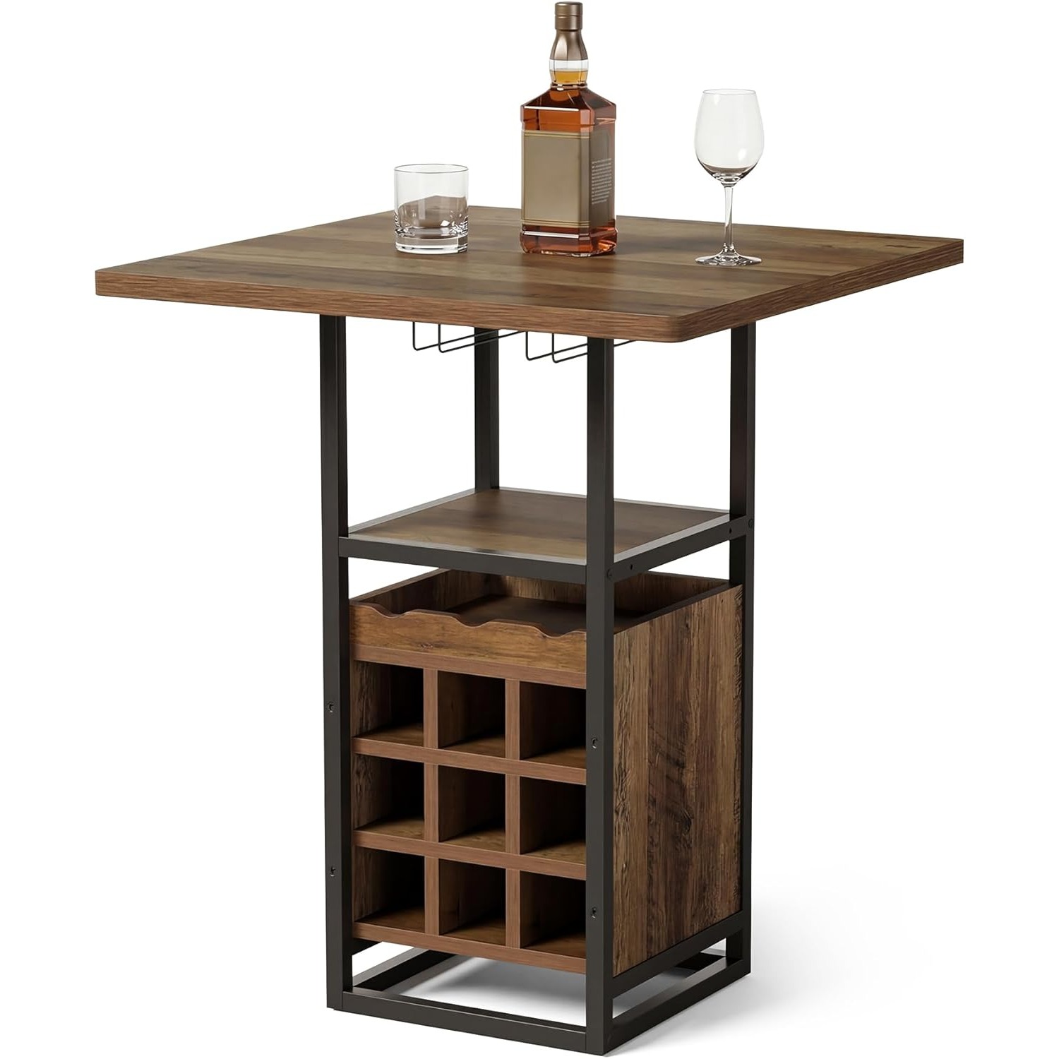 Image of 95cm Tall Bar Table With Storage, Wooden Pub Table With Wine Glass Holders, Wine Racks & Storage Shelves, Metal Base & Tabletop, For Bar, Kitchen, Living Room & Dining Room, Brown