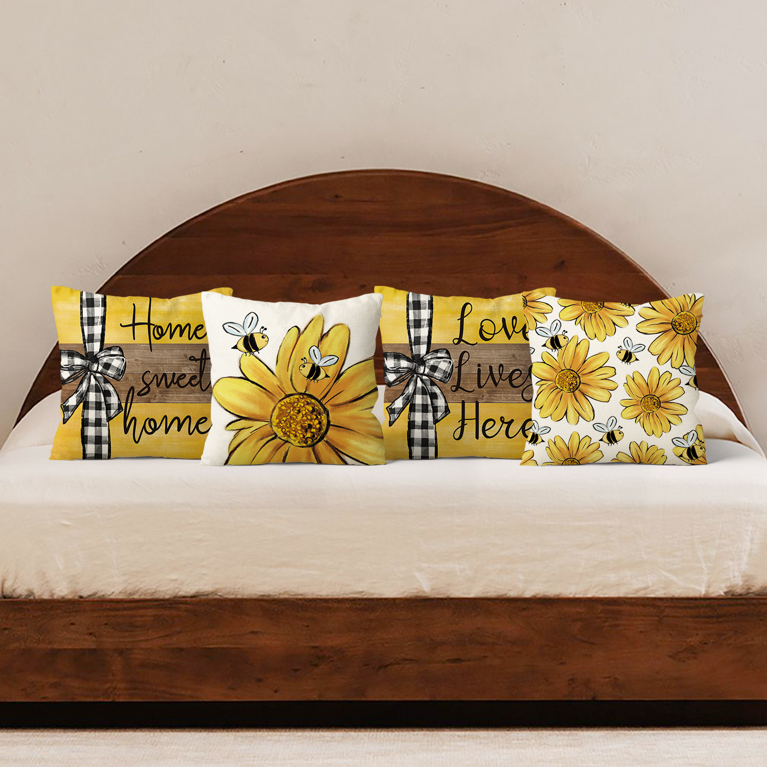 

Sm:)e Bee Sunflower Throw Pillow Covers, Bedroom Decoration 18 Inch Here Stripes For Sofa Couch Set Of 4