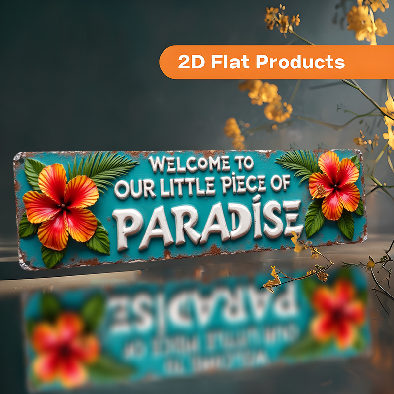 TEMU 2d Flat, Vintage Turquoise & Hibiscus Metal Wall Sign "welcome To Our Little Piece Of Paradise" - Large 15.7"x3.9" (40x10cm) Retro Aluminum