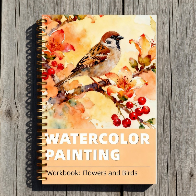 E-shop 34-seitiges Vogel-Aquarell-Übungsbuch mit 16 Vogel-Illustrationen, mit Kapokblüten- Spatz-Motiv. Dieses spiralgebundene Aquarell-Skizzenbuch