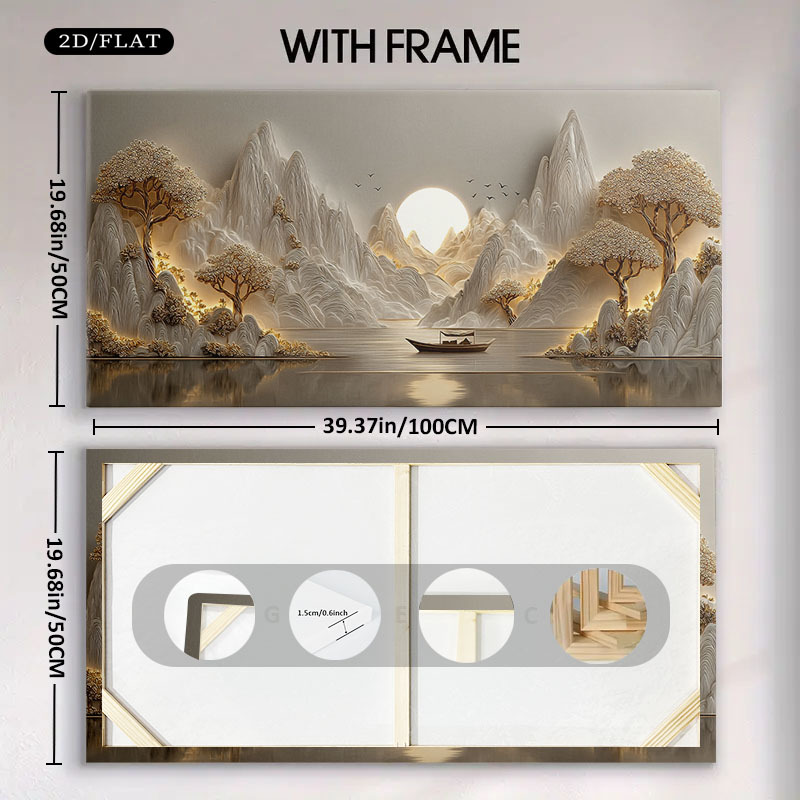TEMU 2d Flat, 2d Flat, 1 Large Framed Wall Decoration- Golden Landscape, Warm , Textured Horizontal Line Art, Suitable Living Room, Bedroom, Kitchen,