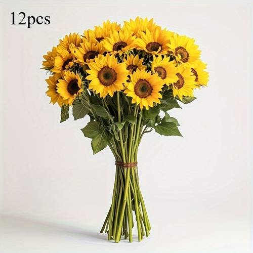 a set of 12 colorful uv resistant artificial sunflower bouquets featuring dark brown stems decorating weddings homes and outdoor spaces ideal for autumn halloween christmas and thanksgiving