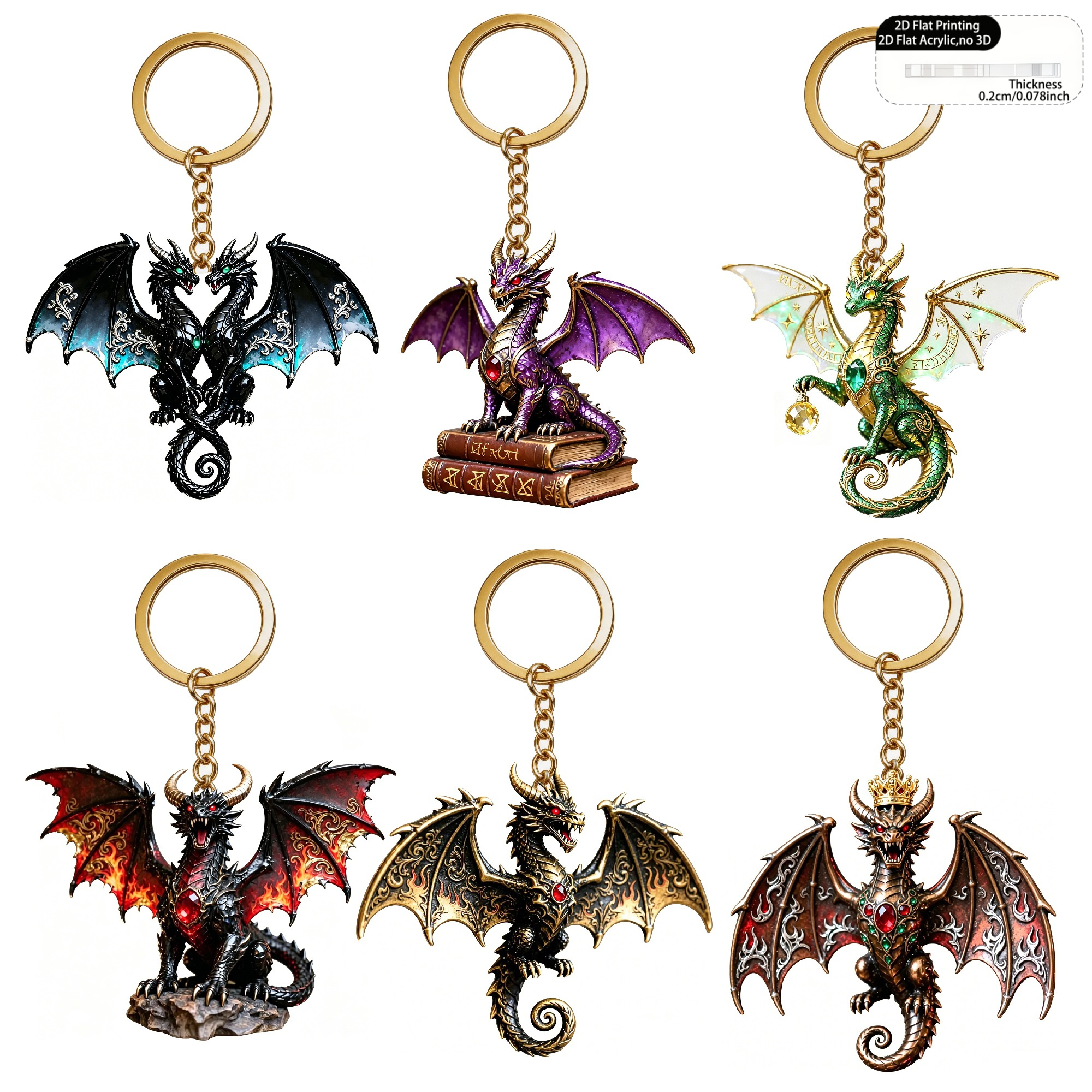 TEMU 2d Flat - [2d Flat] 6-pack Dragon 2d Acrylic Keychain Set, Women's Keychains Printed Mythical Pterodactyl Bag Charms, Acrylic Pendant With Metal