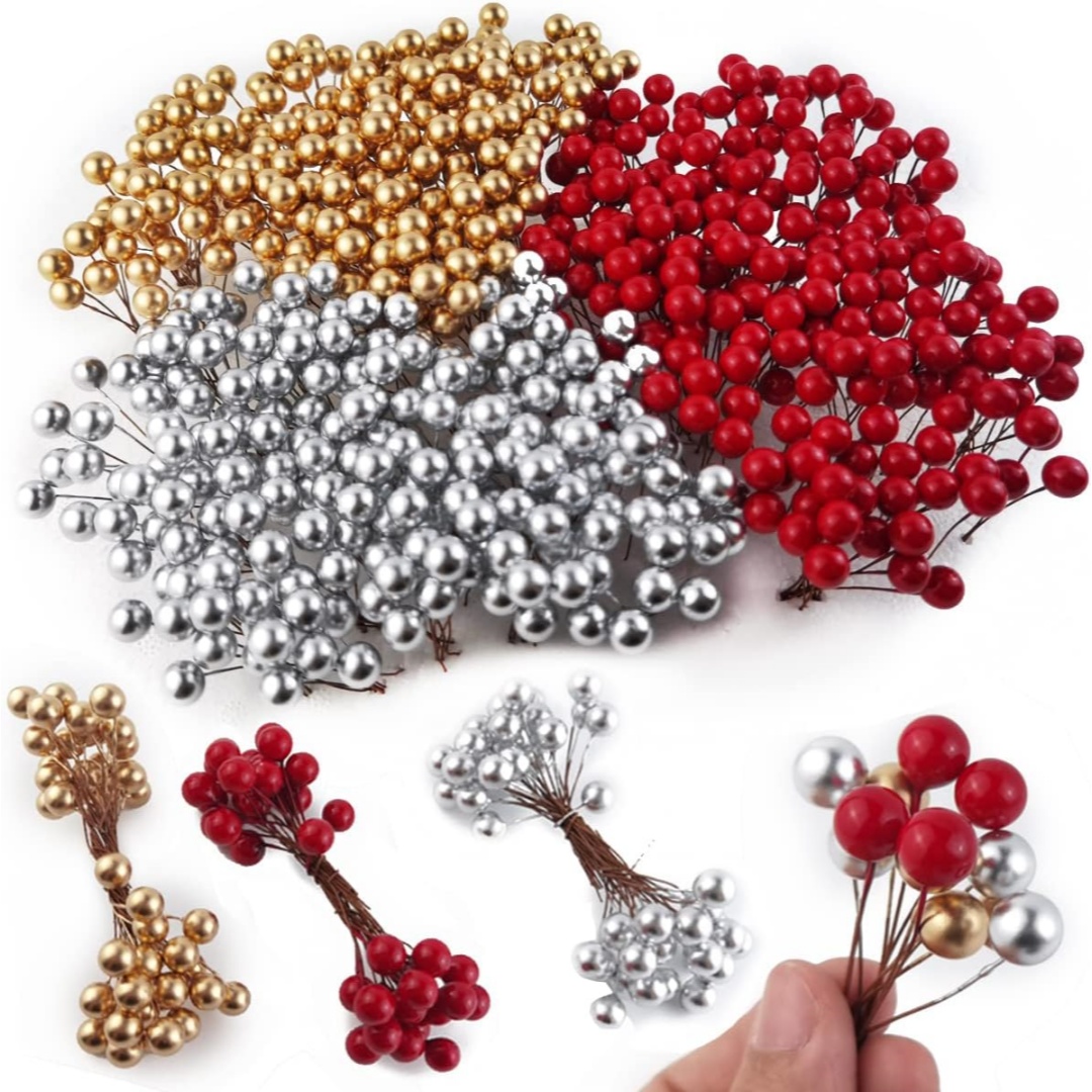 TEMU 180pcs Artificial , Mini Fake Berries Decor On Wire For Christmas Tree Decorations Flower Wreath Craft Use (50pcs Red And 50pcs Golden And 50pcs