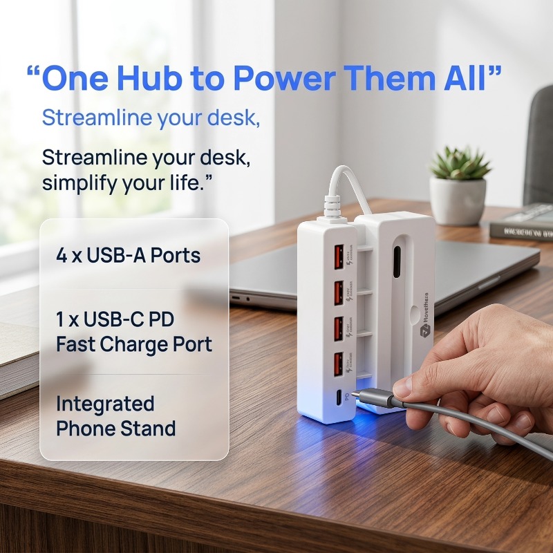 65W 5-Port USB Charging Hub with Type-C and USB-A Ports