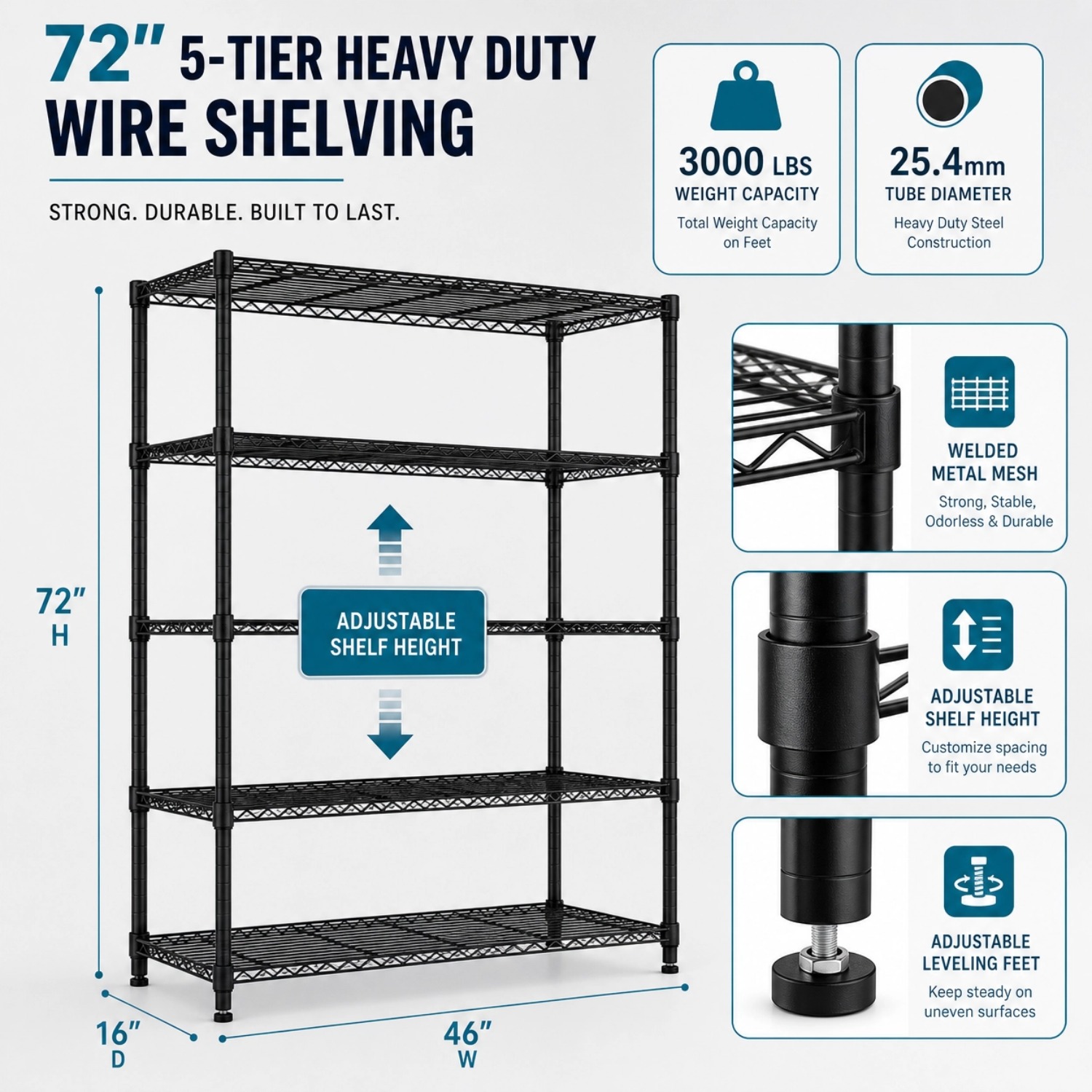 TEMU M Mzg 4/5 Tier Heavy Duty Metal Shelving Rack With Wheels & Without Wheels, 3000 Lbs Load Capacity, Adjustable Storage Shelves For Garage,