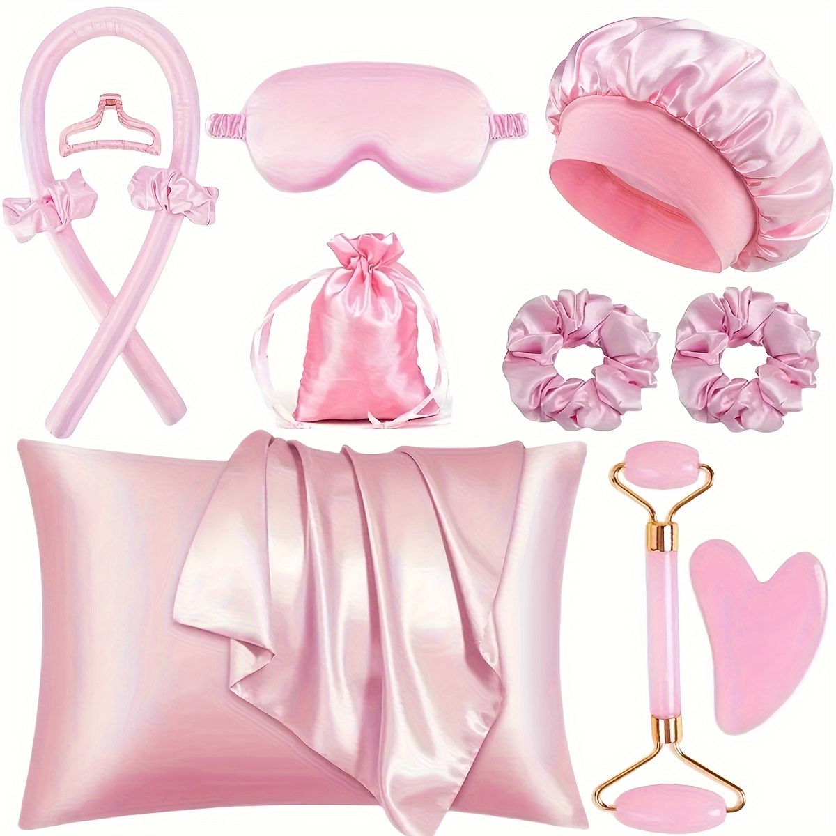 12pcs sleeping hair styling tools set 4pcs curling iron set and 2pcs face massager 2pcs hair bands 1pc sleeping   mask and 1pc satin sleeping cap for hair and light beige queen set 1pc satin storage bag womens face roller light beige care tools