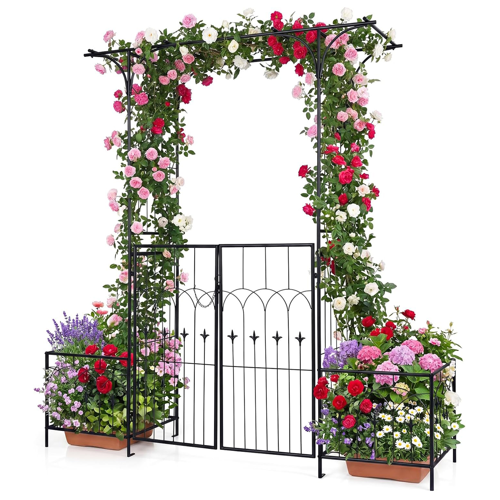 TEMU Tonnelle de jardin avec portillon et à plantes, en métal robuste de 206 cm avec treillis latéral pour plantes grimpantes, , roses, de mariage