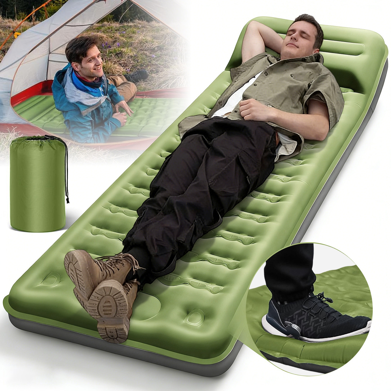 Image of Ultra-thick Inflatable Sleeping Mat 196*66*13cm With Built-in Foot Pump For Camping, Hiking, Mountaineering