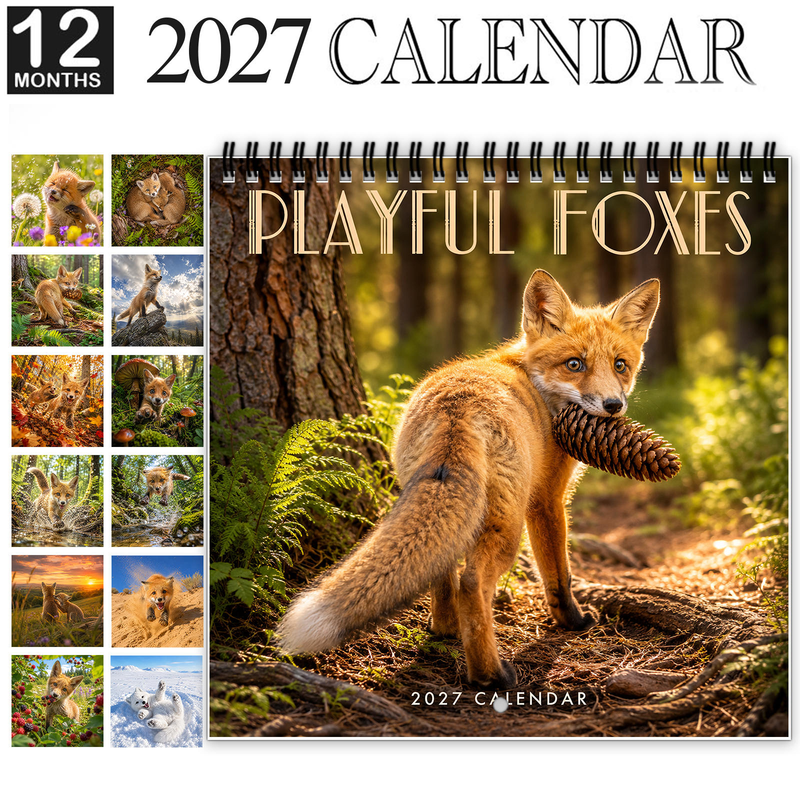 TEMU 1pc 2027 Foxes Wall Calendar, Spiral-bound 12-month Animal Art Calendar With Large Date Blocks, Features Cute Foxes And Scenery, Aesthetic Room