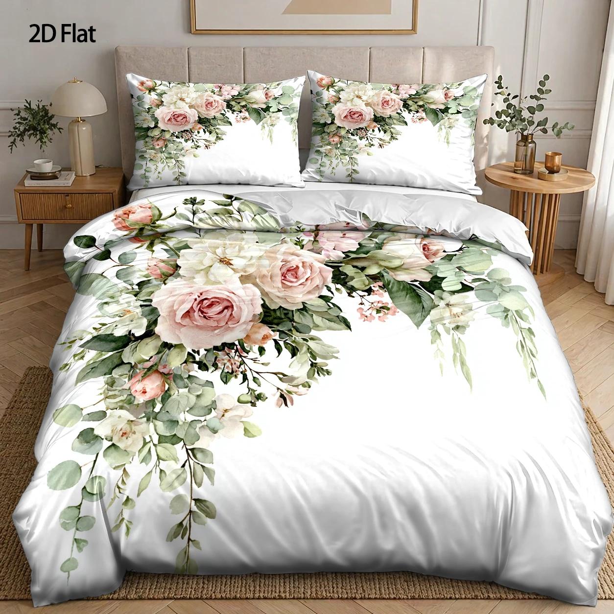 TEMU 3pcs Duvet Cover Set, 1 Duvet Cover   2 Pillowcases, No Filler, 2d Flat Printing, Pink Rose Bouquet, Watercolor Style, Valentine's Day, Decor,