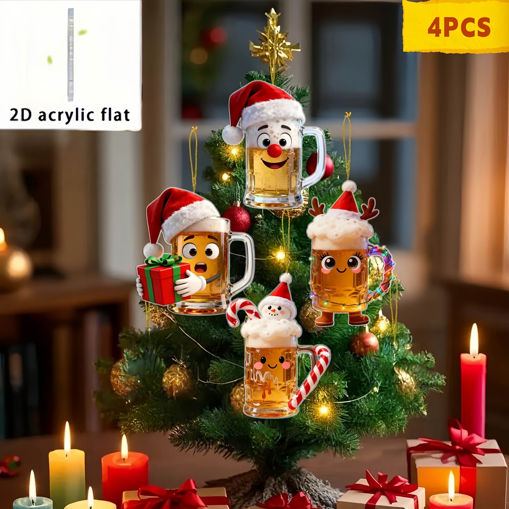 TEMU 2D Flat - 2Dflat, 4 Stück Weihnachtsdeko 2D mit verschiedenen Weihnachts-Cartoon-Bier-Designs, Ornamente, festliche Dekorationen, Acryl