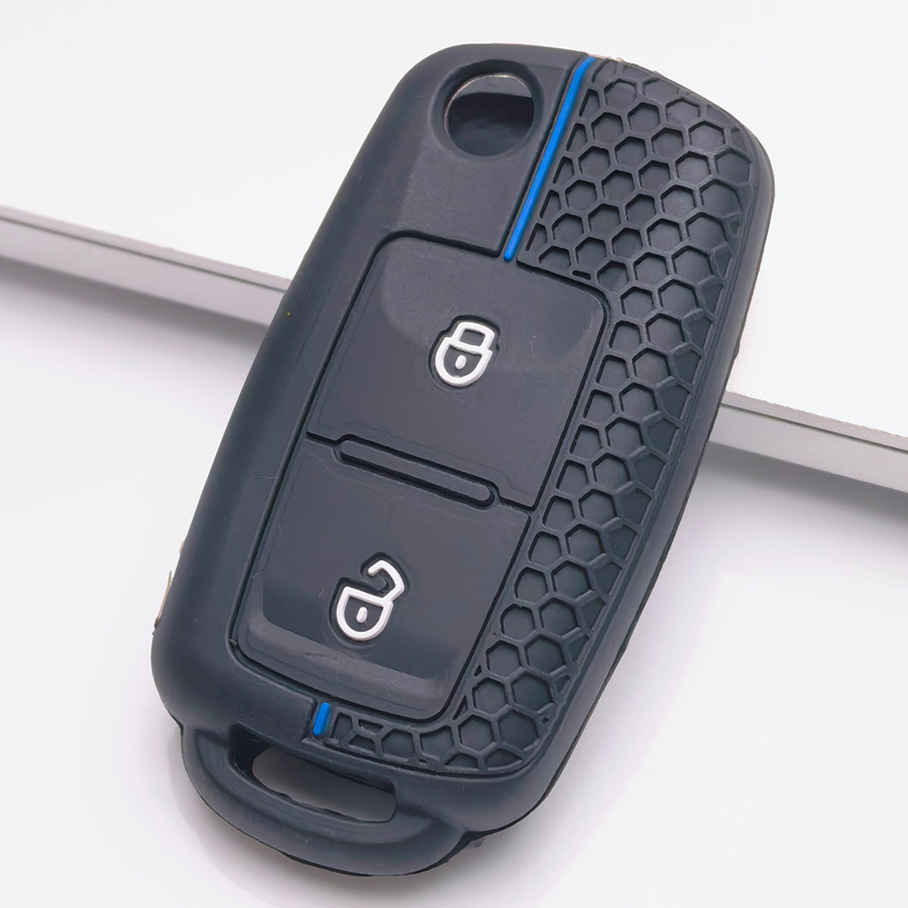 TEMU Black Silicone Car Key Fob Cover For 2 Button Flip Car Key With Blue Accent Premium Durable Protective Design For Golf Bora Jetta Caddy