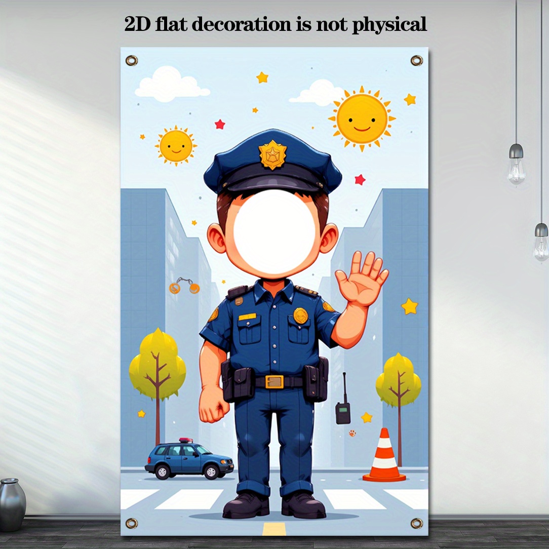 TEMU 1pc Politieagent-Thema Foto Banner Achtergrond, 2D Plat 43.3x70.9inch, Polyester Materiaal, Ideaal voor Bruiloft, Verjaardag, Familie Feest