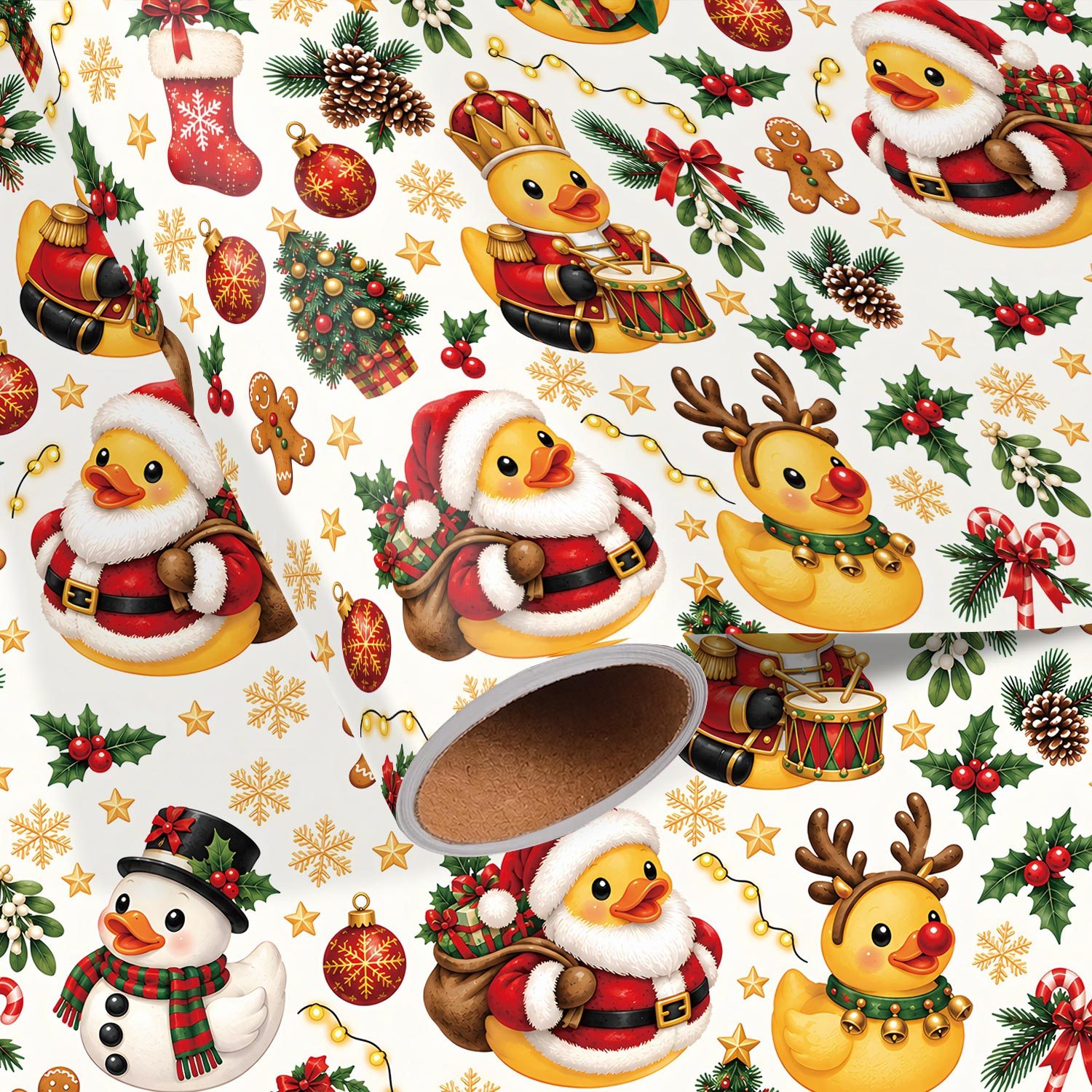 TEMU Roll Christmas Rubber Duck Wrapping Paper Suitable For Xmas Gifts, Party Decorations & Diy Crafts - Single-sided Print With Santa, Snowman,