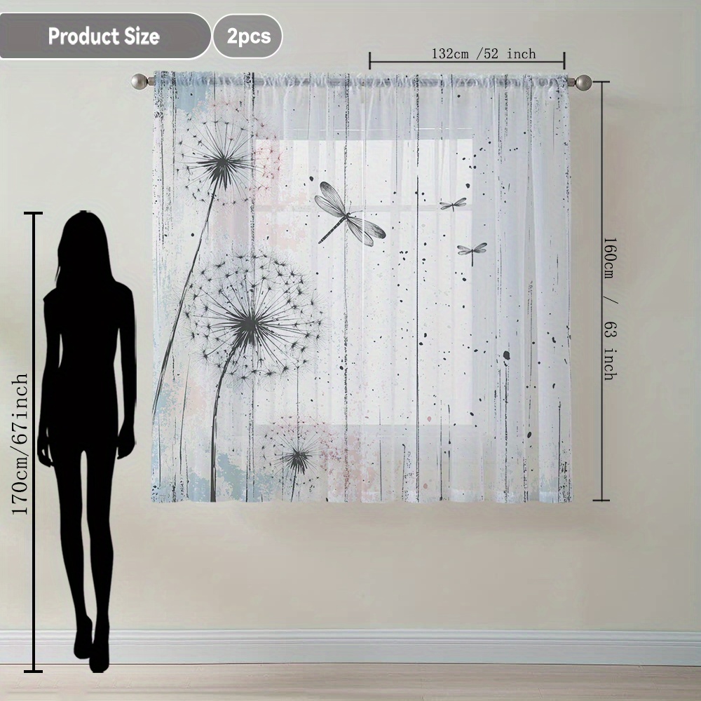TEMU 2pcs Dandelion Dragonfly Ink Print Sheer Curtains, Literary With Rod Pocket Decorative Printed Curtains, Home Elegant Sheer Drapes Suitable For