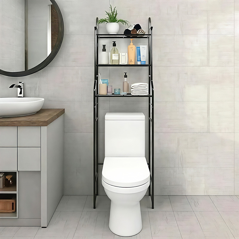 3-tier bathroom storage shelf - no-drill space-saving over-the-toilet organizer, heavy-duty metal bathroom cabinet with floor standing design, easy assembly bathroom shelving unit for toilet, shower, sink - white/black, shower organization,  , durable construction, multitier shelf, apartment living Product details 0