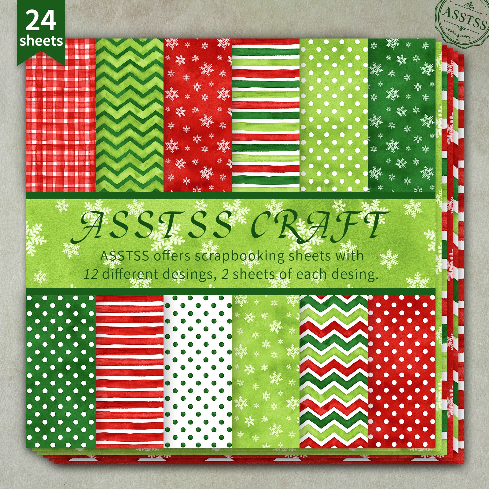 TEMU Bloc de papier de scrapbooking ASSTSS 24 feuilles 6*6 pouces, fournitures de papier de support style aquarelle de Noël à de neige, carreaux et