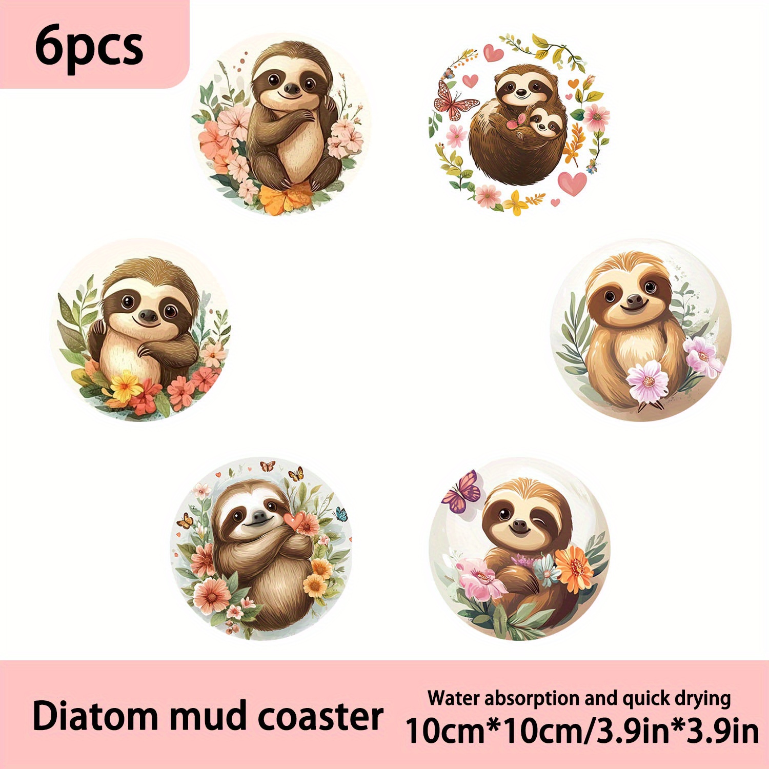 TEMU 6pcs Wood Coasters Suitable For Home & Restaurant Decor - Wood Table Protectors With Sloth & Floral Patterns, Coffee Cup Holders, Holiday Gift