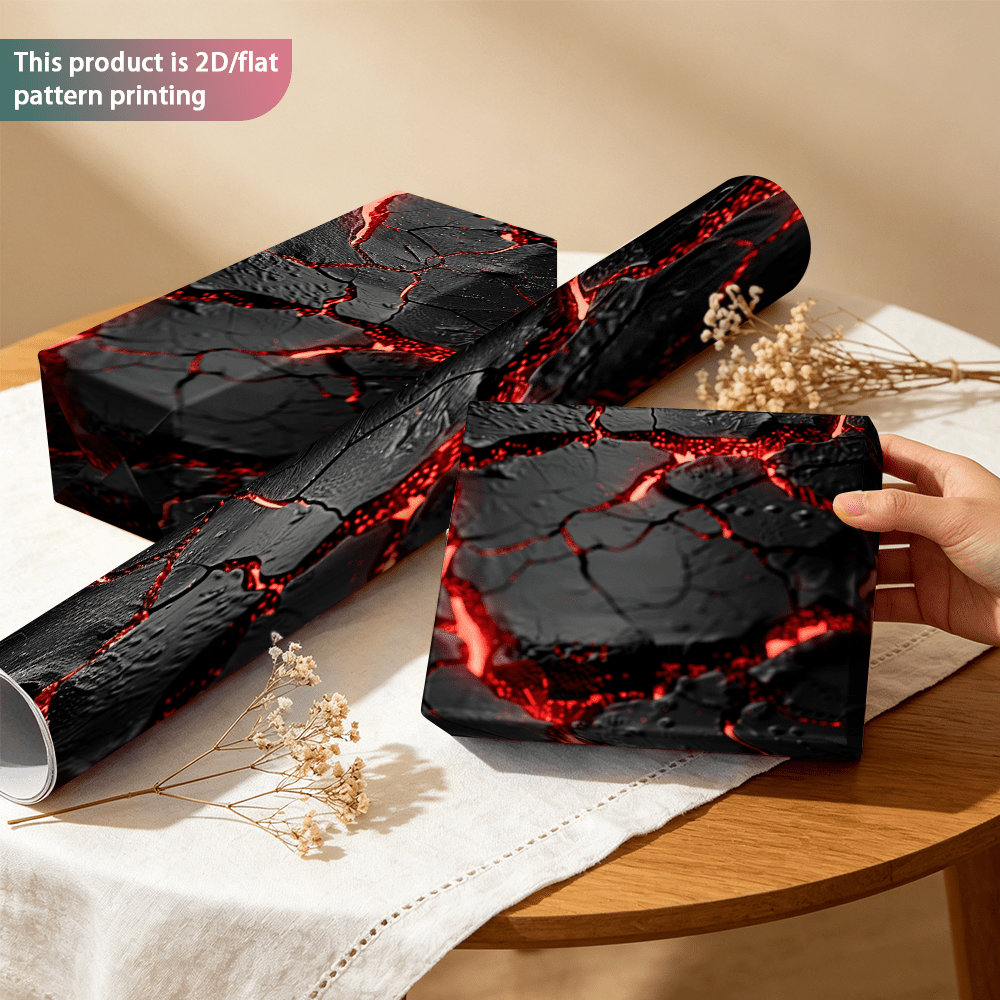 TEMU 1 Rolle 2D Lava Crack Muster Geschenkpapier (Glänzende Oberseite) - Mit schwarzen Rissen kombiniert mit einem roten, fließenden Texturdesign.