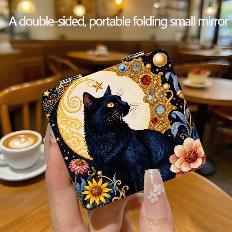 TEMU Specchietto Portatile Pieghevole con (Cappotto , Gialli) e Decorazione Luna , Sfondo , Girasoli/, , Elementi , per Trucco, Viaggi, Regalo
