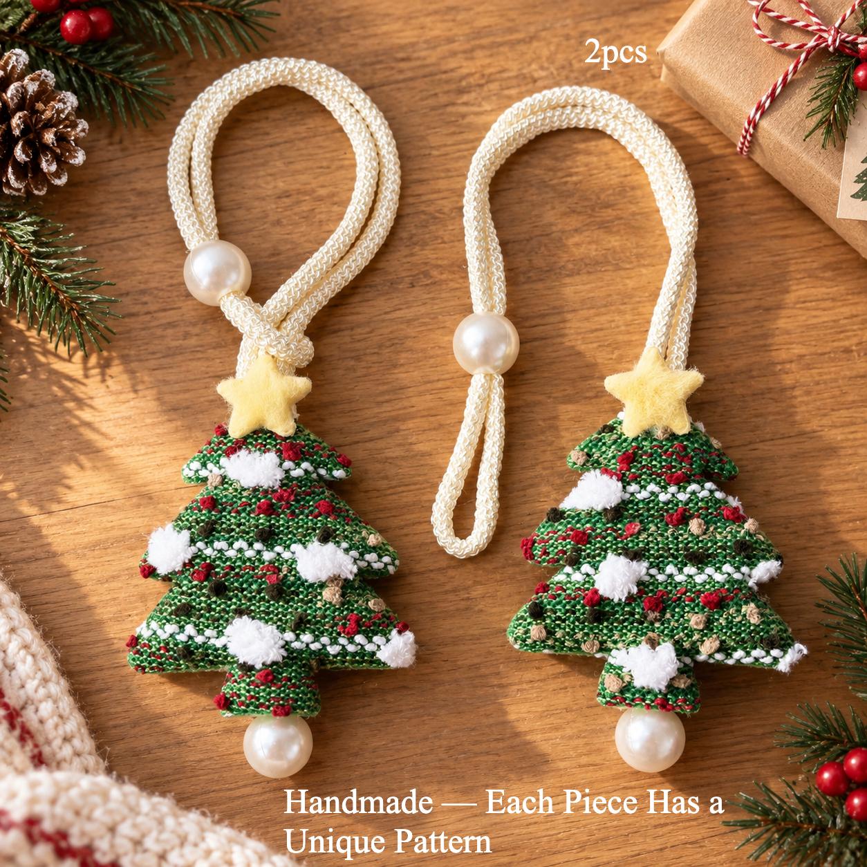 TEMU 2pcs Handmade Fabric Star-patterned Green Christmas Tree Curtain Tie, Sheer Curtain Fixed With Rope, Winter Christmas Holiday Window Decoration,