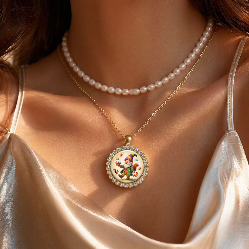 Unisex 2D Floral Round Glass Alloy Pendant Necklace