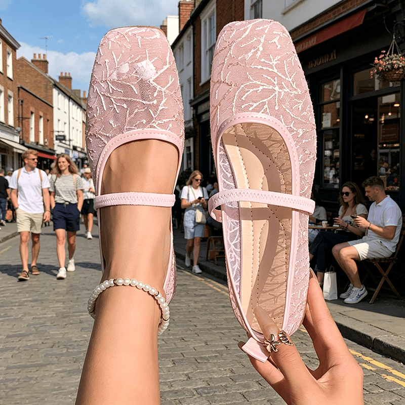 TEMU Time Hoo Women's Fashion Lace Mesh Shoes, Hollow Out Breathable Loafers, Square Toe Low-cut Flat Ballet Shoes, & Heel Casual Sandals For Summer,