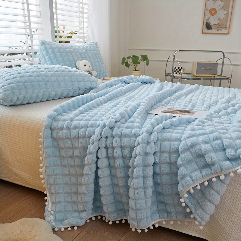 TEMU High-grade Solid Color Checkered Blanket, Tassel Ball Decorative Blanket, Suitable For Bedroom Blanket, Sofa Blanket. A Of Sizes Are , A For