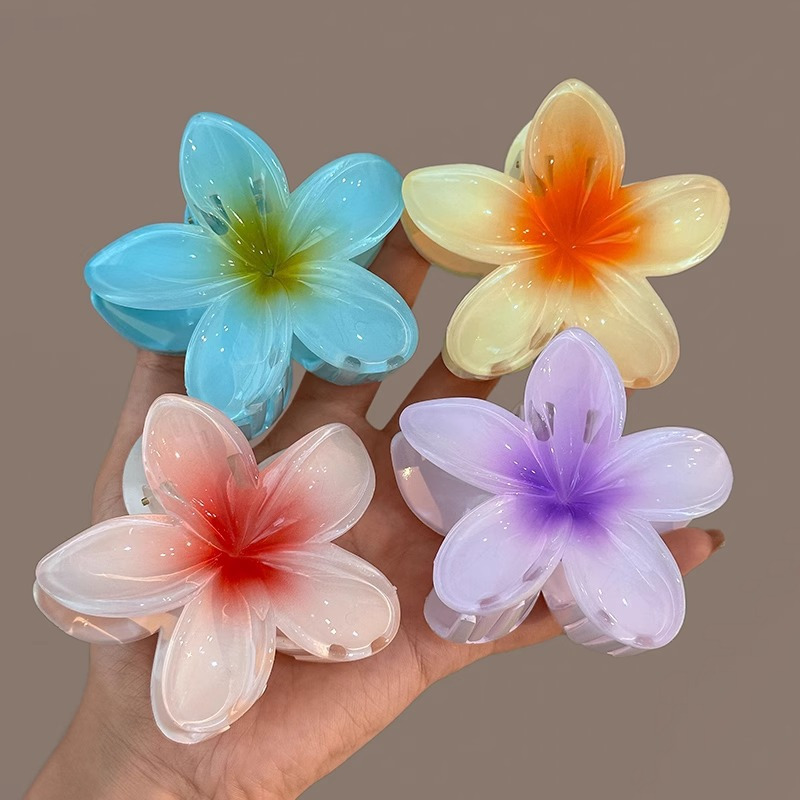 12pcs gradient candy color flower hair clips 8cm large non slip shark clip for thick hair     durable plastic hairpins for women and s summer beach party accessories hibiscus headwear Product details 2