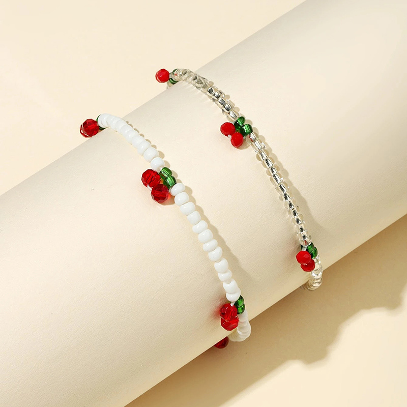 Image of 2pcs, Elegant Minimalist Women's Fashion Bracelet, Cherry Elastic Rope Hand-woven Stacked Bracelet Set, Glass Material, Party, Rice Bead Bracelet