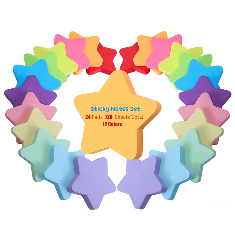 TEMU 24 Pads Star Shaped Sticky Notes (3x3 Inches, 720 Sheets) - 12 Bright Colors Cute Self-stick Memo Pads For Office, School, Home, Journals And